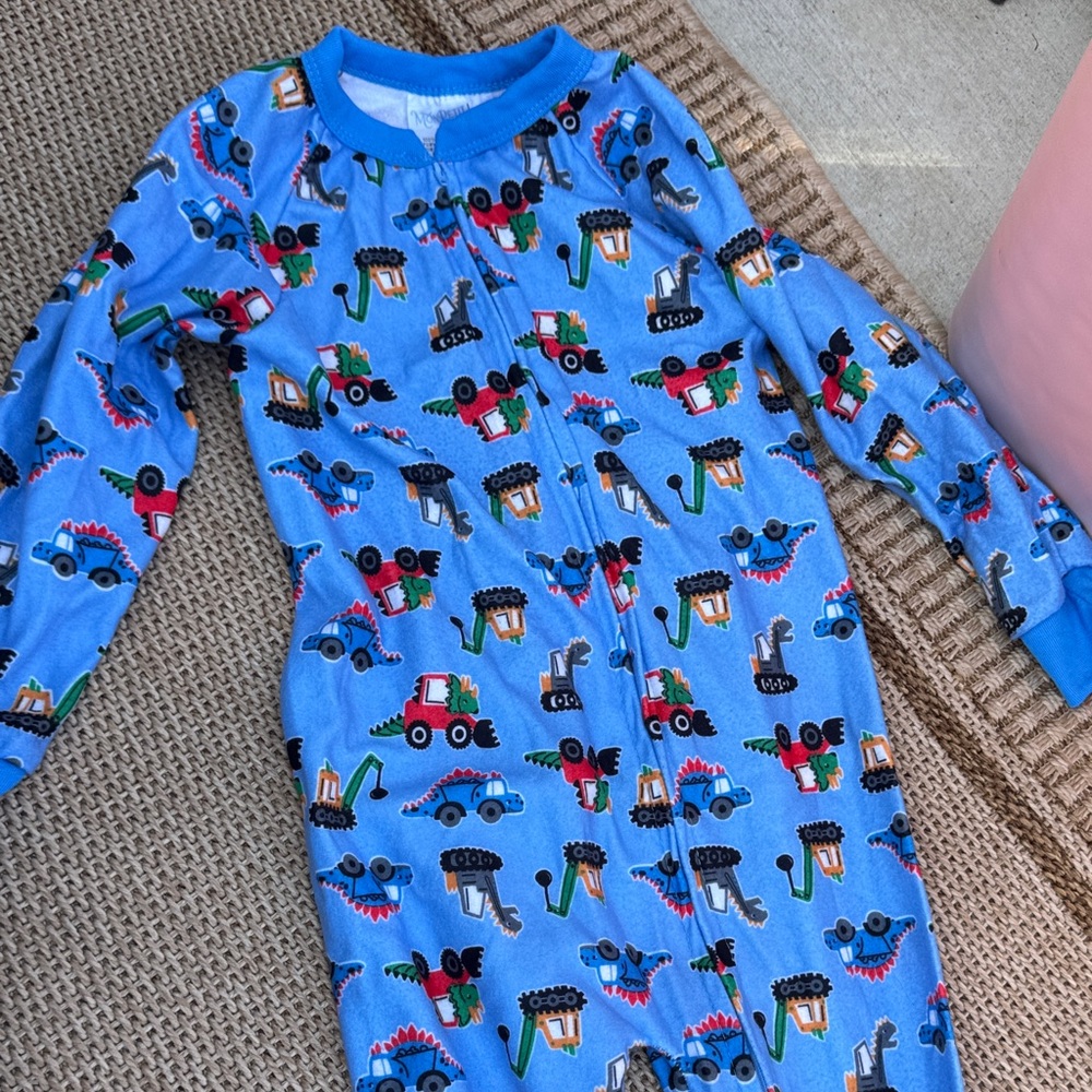 Vibrant Blue Kids Pajama Set with Monster Truck Dino Print